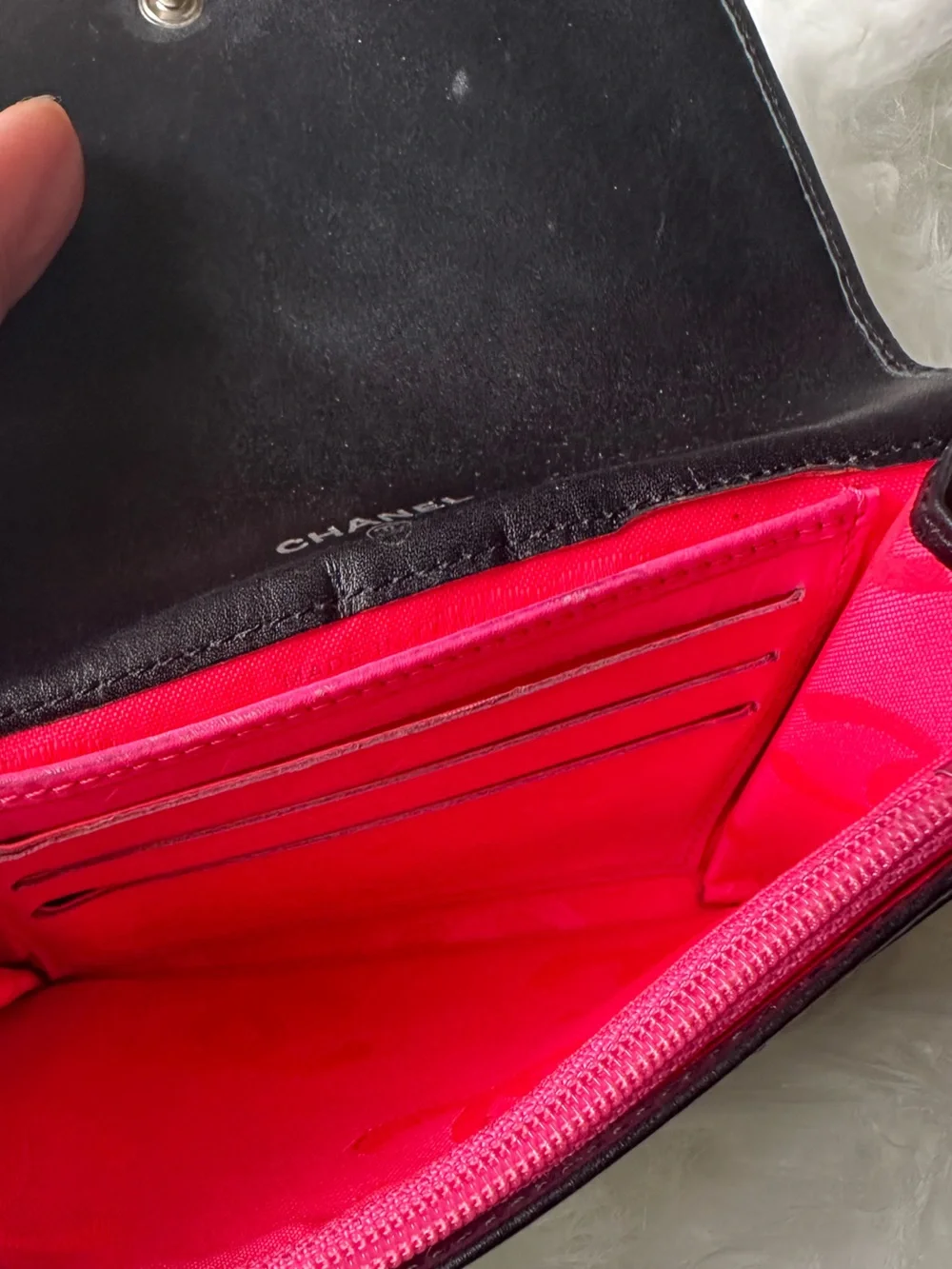 CHANEL Cambon Ligne Black Lambskin Long Wallet White CC Pink Interior